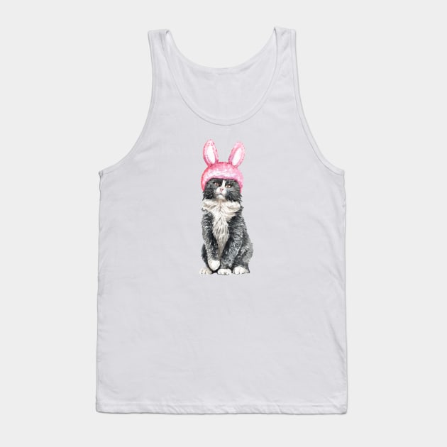 funny Watercolor Black & White Cat Wearing Rabbit Helmet Tank Top by labatchino